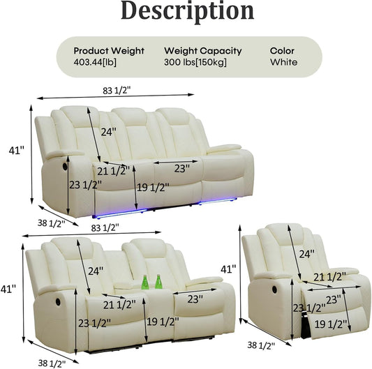 Power Recliner Set with LED Lights, Air Leather Reclining Set with USB Port/Wireless Charger/Storage Console/Cup Holder for House/Hometheater/Apt (Ivory White, Sofa Loveseat Chair)-1
