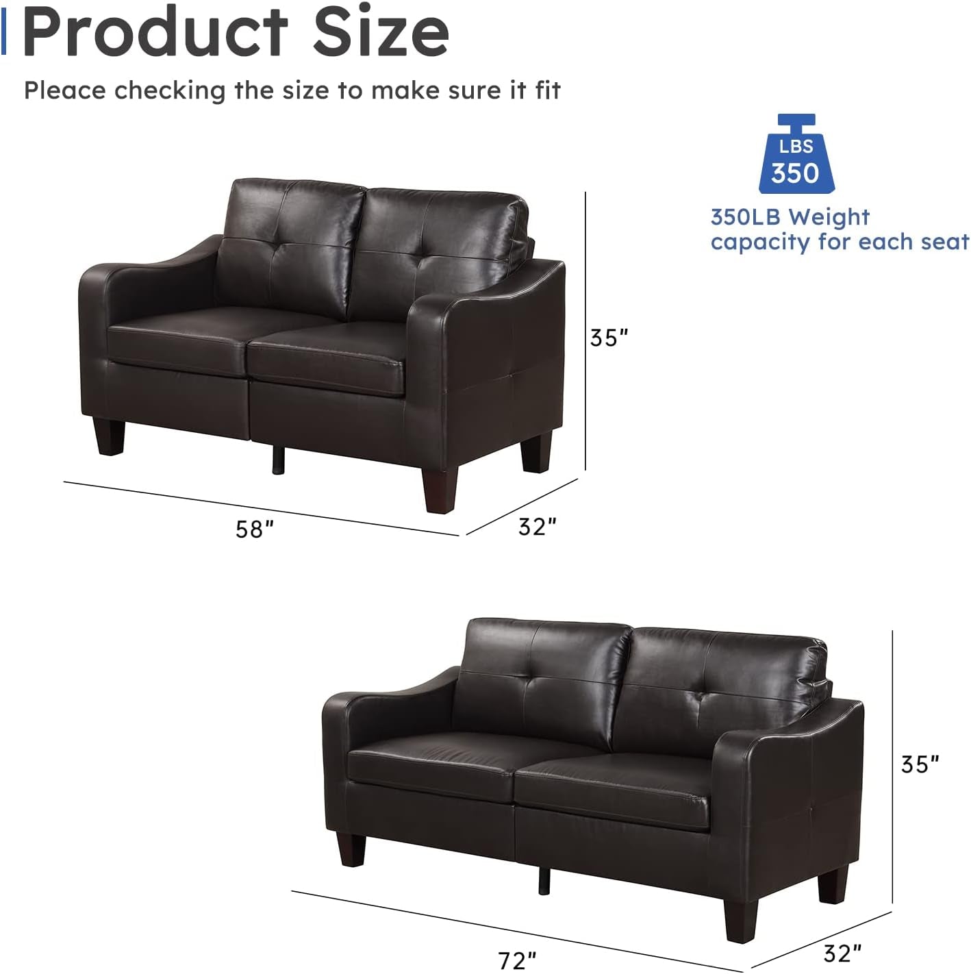 2 Piece Living Room Sofa Set, Wood Frame and Sturdy Legs, Modern Upholstered Sofa Sets with 3-Seat Couch and Faux Leather Loveseat Sofa for Living Room and Bedroom, Dark Brown-1