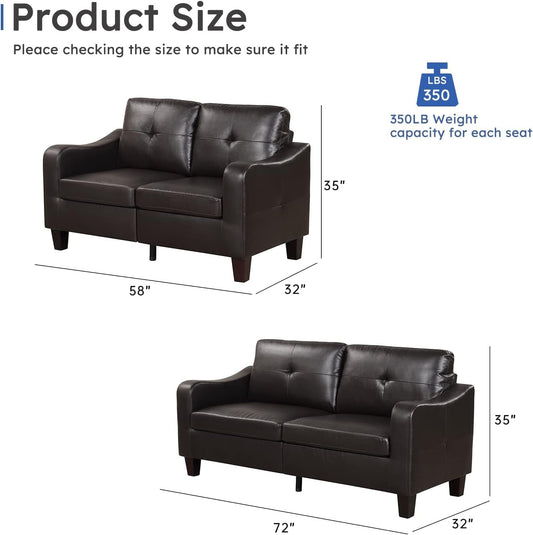 2 Piece Living Room Sofa Set, Wood Frame and Sturdy Legs, Modern Upholstered Sofa Sets with 3-Seat Couch and Faux Leather Loveseat Sofa for Living Room and Bedroom, Dark Brown-1