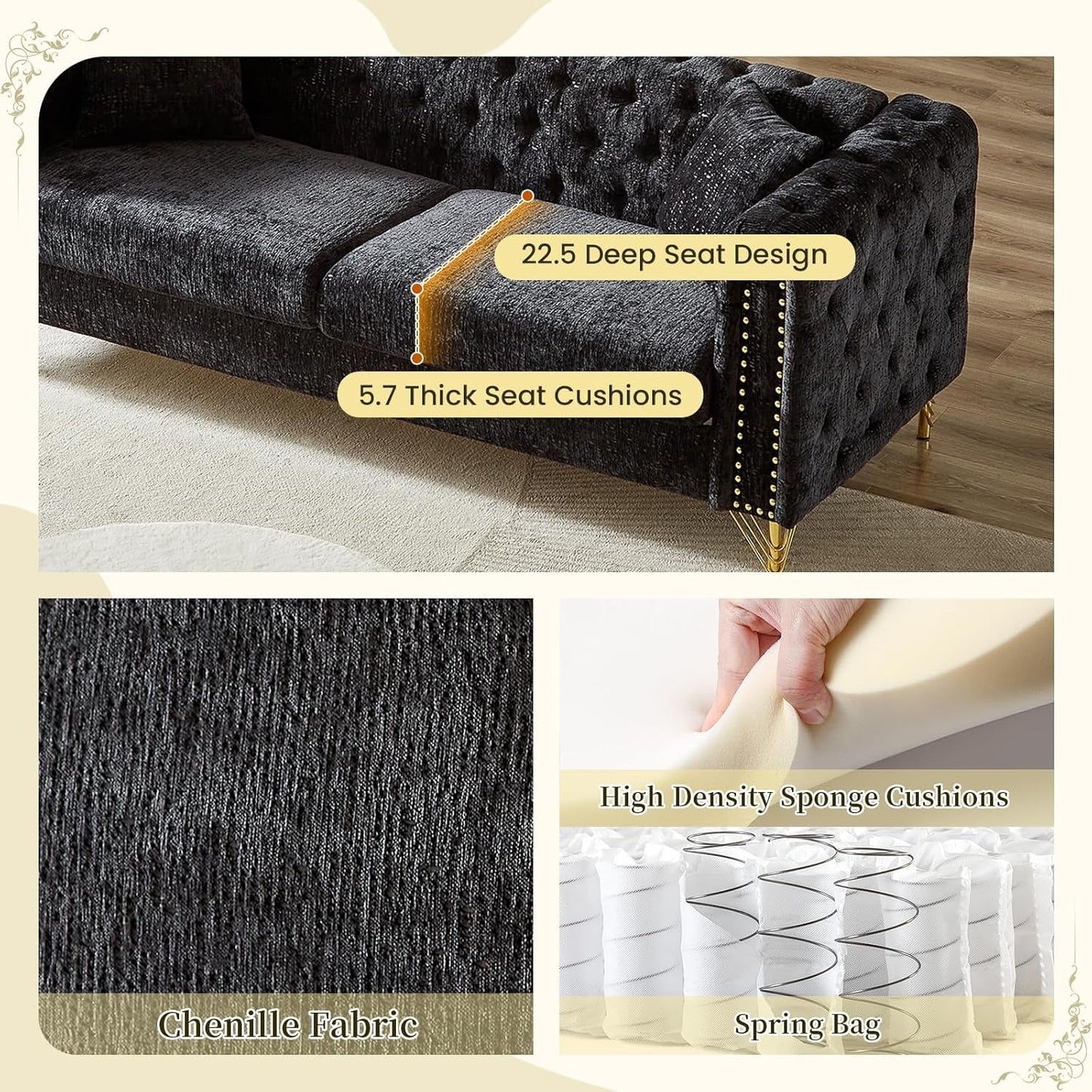 2 Pieces Chenille Living Room Furniture Sofa Couch Set,Button Tufted Comfy Couch with Nailhead Trim&Metal Legs,Mid Century Modern Couch and Loveseat Sets for Living Room(Loveseat+3 Seater Sofa,Black)-2