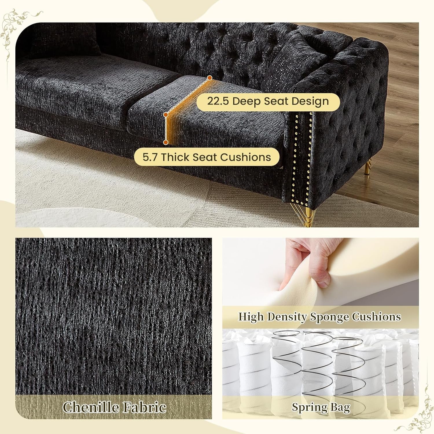 2 Pieces Chenille Living Room Furniture Sofa Couch Set,Button Tufted Comfy Couch with Nailhead Trim&Metal Legs,Mid Century Modern Couch and Loveseat Sets for Living Room(Loveseat+3 Seater Sofa,Black)-2