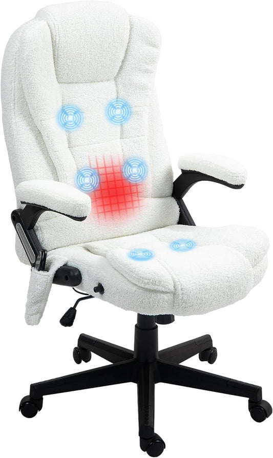6 Point Vibrating Massage Office Chair with Heat, Velvet High Back Executive Office Chair with Reclining Backrest, Padded Armrests and Remote, White-0