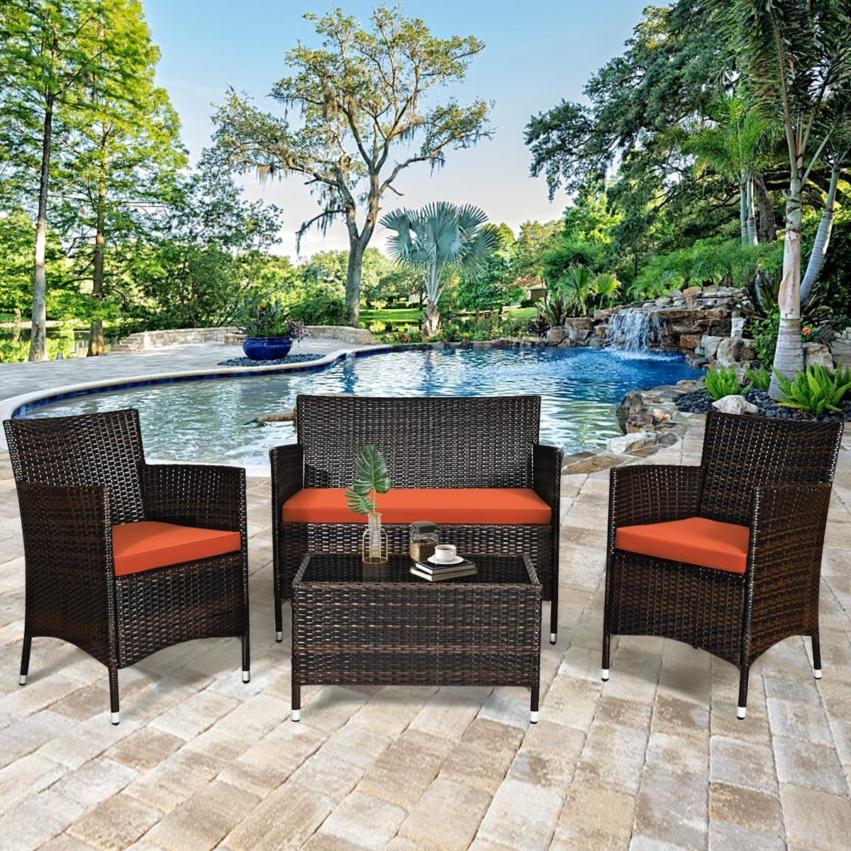 4-Piece Rattan Patio Set, Outdoor/Indoor Wicker Conversation Set for Pool, Backyard, Lawn, Wicker Chairs and Sofa with Soft Cushion, Rattan Furniture with Tempered Glass Coffee Table-1