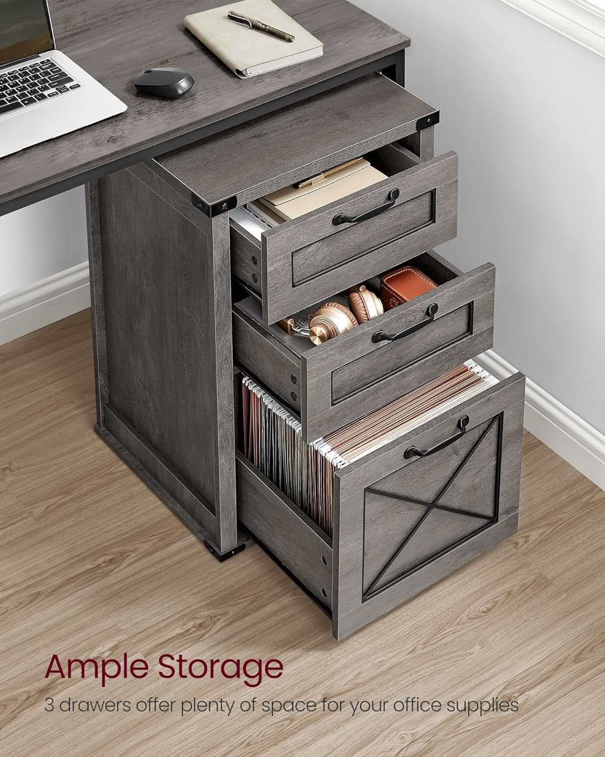File Cabinet, Filing Cabinet with 3 Drawers, Printer Stand, Fit A4, Letter Size, Hanging File Folders, Modern Farmhouse Style, for Home Office, Misty Gray UOFC054G01-3