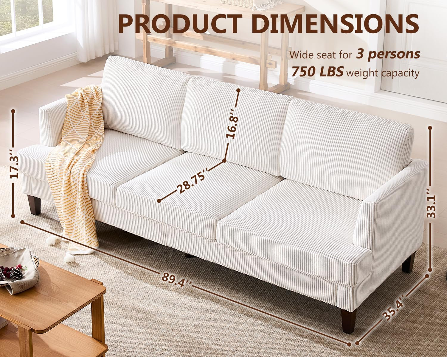 3 Seater Sofa Couch with Deep Seats, 89" Mid Century Modern Upholstered Sofa, Comfy Corduroy Sofas with Armrests, Couches for Living Room, Bedroom, Apartment and Office (Beige)-1