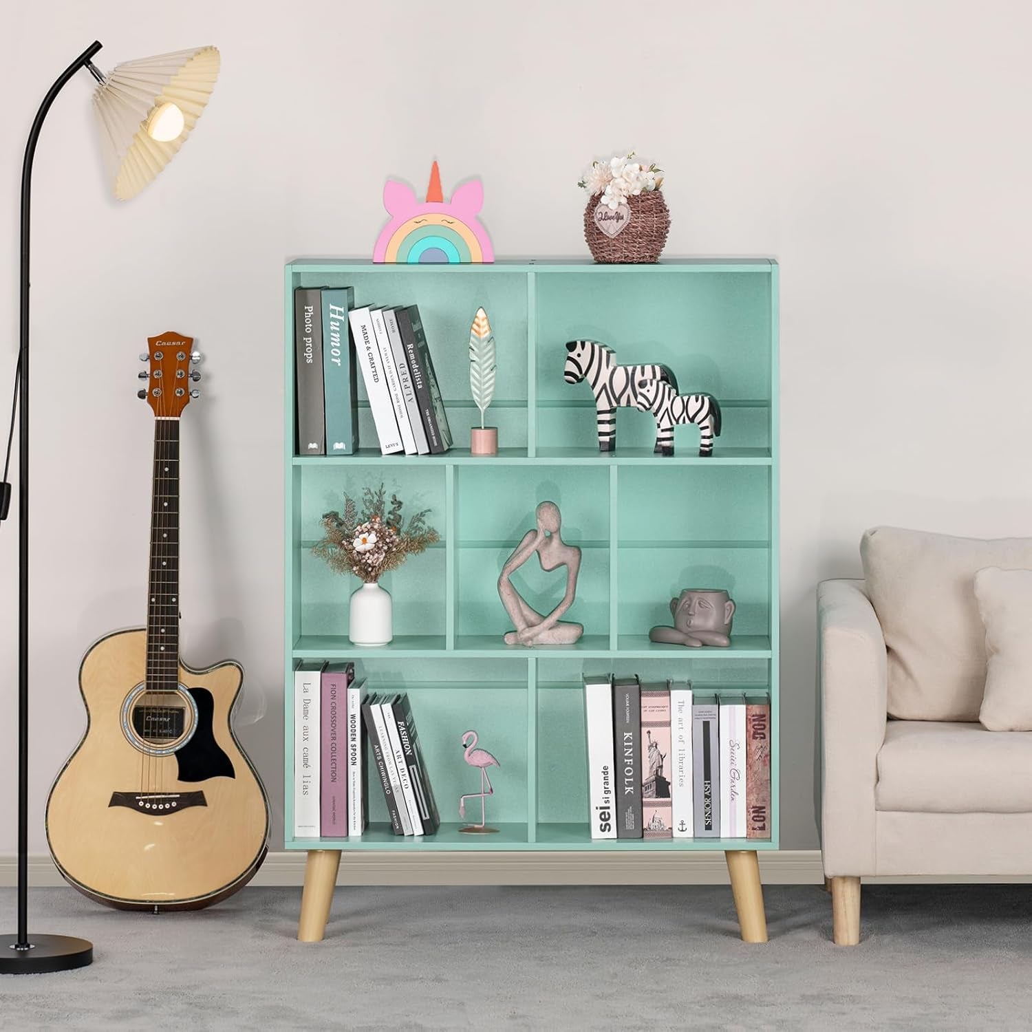7 Cube Bookshelf 3-Tier Bookcase with Legs, Mint-Green Kids Book Shelf Cute Storage Organizer, Toy Shelves Bookshelves,Wood Display Bookcases-4