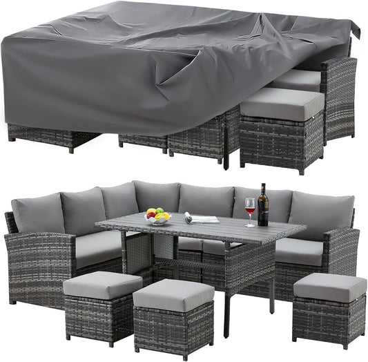 Patio Furniture Set with Cover, 7 PCS Outdoor Sectional Conversation Set, All Weather Wicker Rattan Sofa Couch with High Dining Table & Ottoman, Grey-0