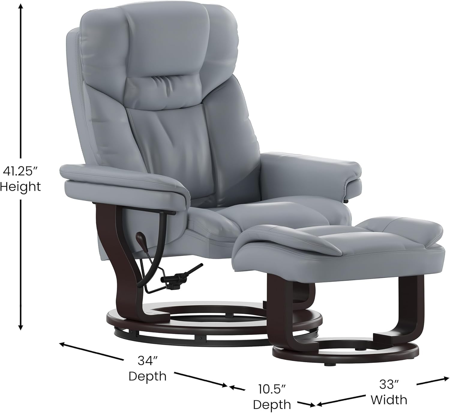 Allie Contemporary Multi-Position Recliner and Curved Ottoman with Swivel Mahogany Wood Base in Gray Leathersoft-2