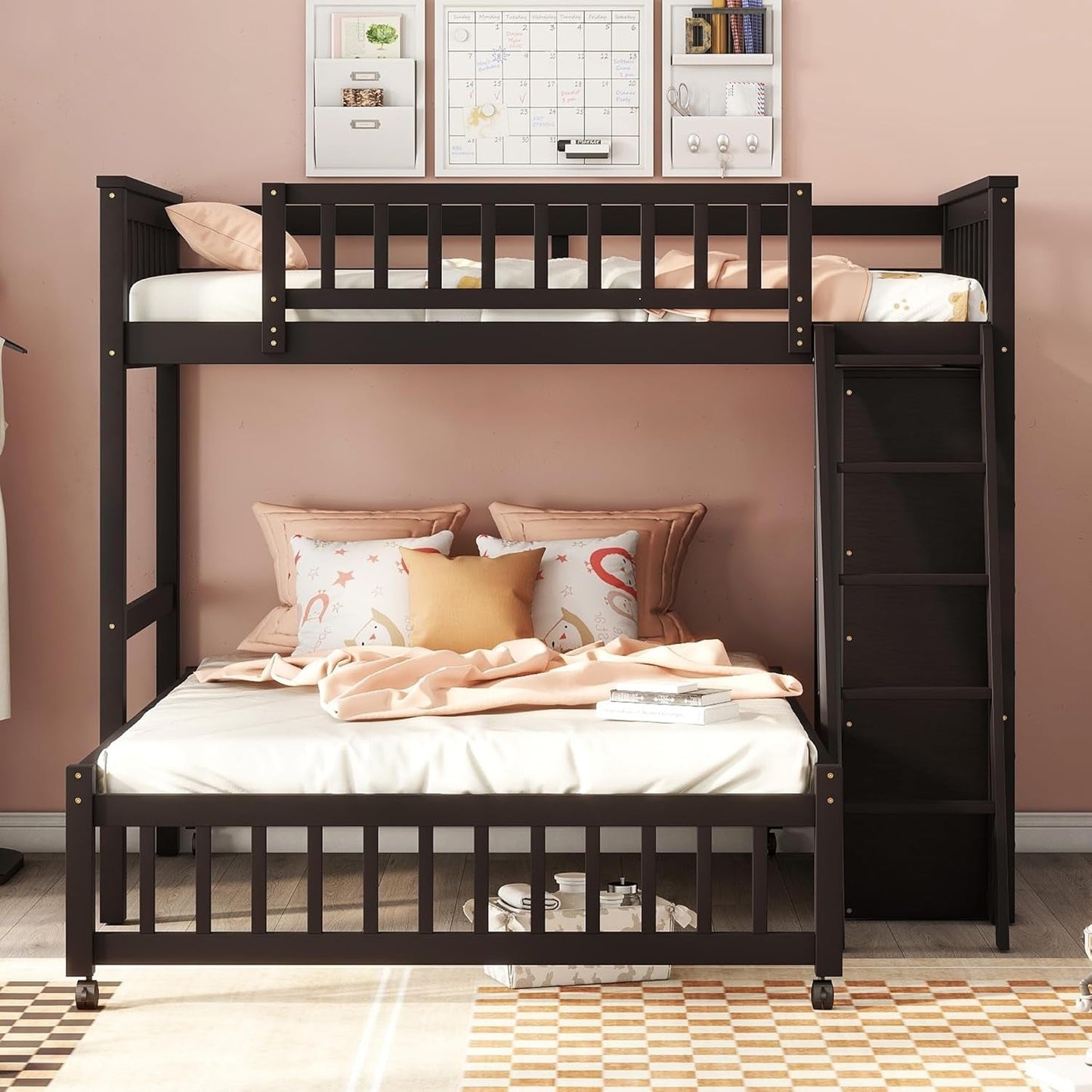 Twin over Full Bunk Beds with Six Drawers and Flexible Shelves,Wooden Bunk Beds with Storage and Removable Bottom Bed for Kids Girls Boys,No Box Spring Needed (Espresso)-2
