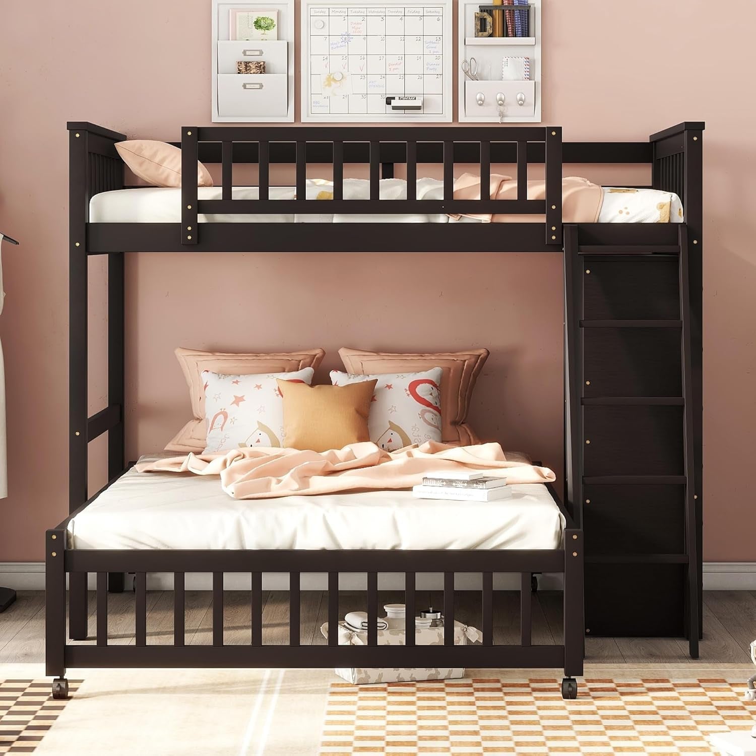 Twin over Full Bunk Beds with Six Drawers and Flexible Shelves,Wooden Bunk Beds with Storage and Removable Bottom Bed for Kids Girls Boys,No Box Spring Needed (Espresso)-2