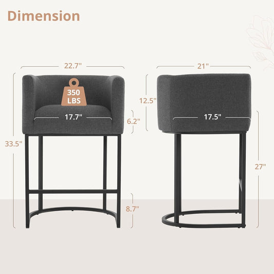 27" H Counter Height Bar Stools, Modern Barrel Counter Stools with Backrest and Arms, Black Metal Frames, Linen Fabric Upholstered Accent Barstools for Kitchen Island, Carbon Gray-1