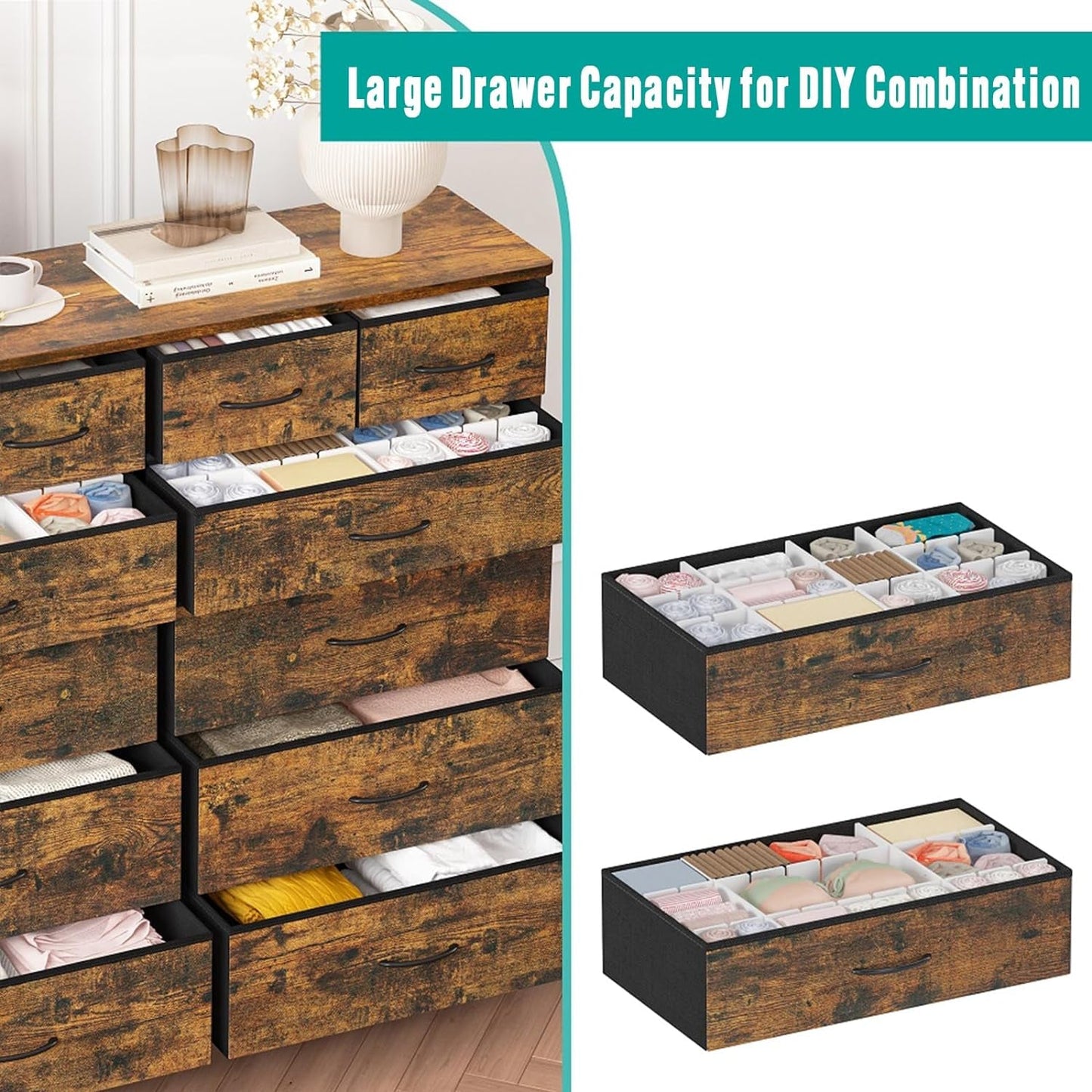 Dresser for Bedroom with 12 Drawers, Tall Fabric Drawer Dresser, Chest of Drawers for Closet, Nursery, Bedside, Living Room, Laundry, Entryway, Hallway(Rustic Brown)-3