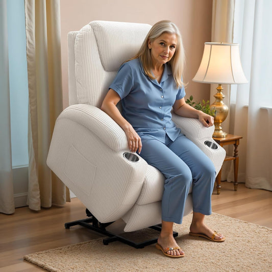 Power Lift Recliner Chair with Massage for Elderly Ergonomic Lounge Chair Classic Single Sofa with 2 Cup Holders Side Pockets Home Theater Seat (Corduroy, Beige)-0