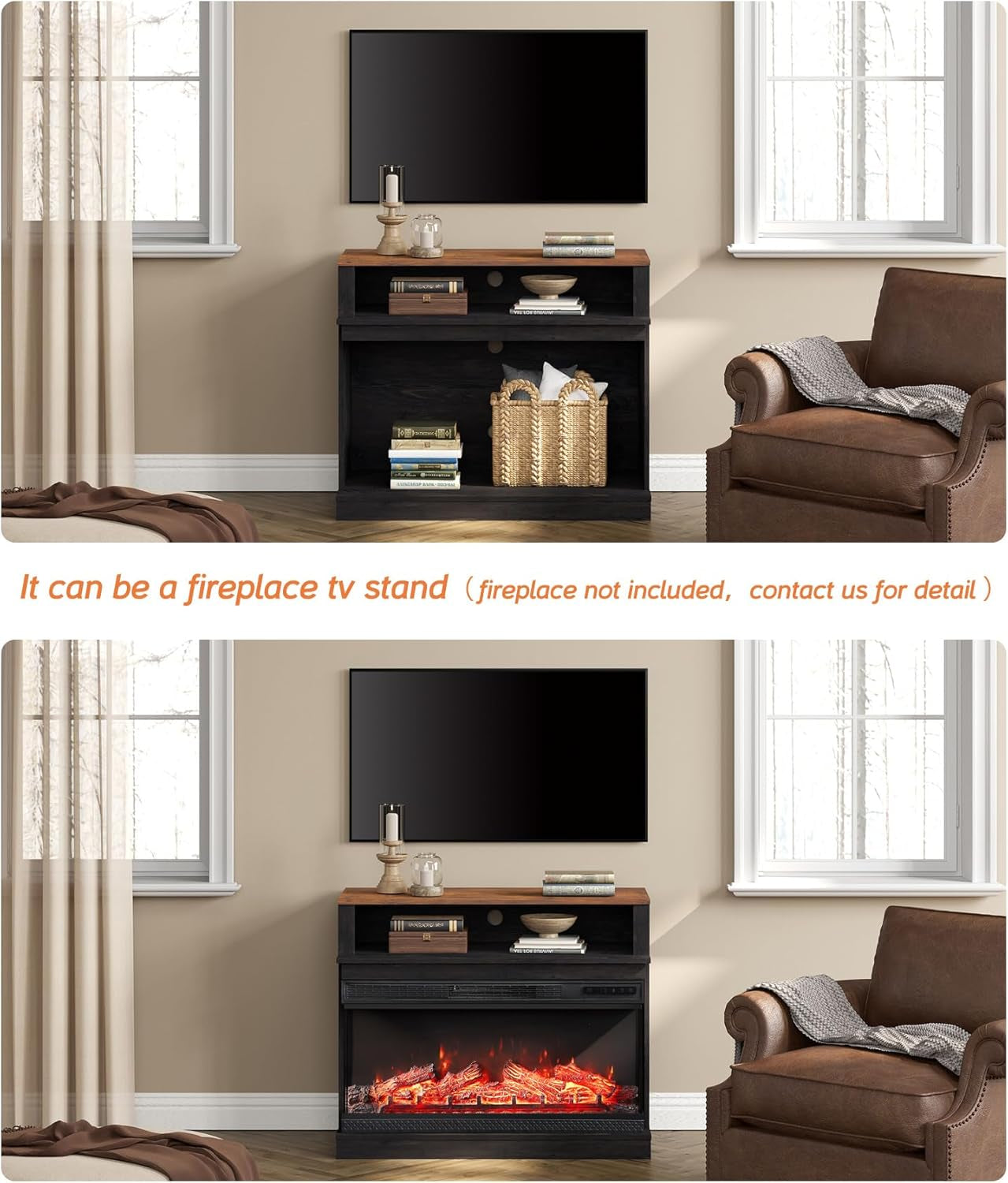 2 in 1 TV Stand Set for 100 Inch TV, Farmhouse Entertainment Center with 4 Mesh Door and Open Storage Shelves, Wood Media TV Console Table for Dining and Bedroom，Dark Walnut and Black-3