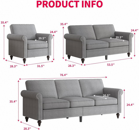 3PCS Sofa Set for Living Room,Modern Linen Couch Set with Nailhead Trim Design, Living Room Furniture Set for Office Apartment Home(Sofa & Loveseat & Chair/Light Grey)-1