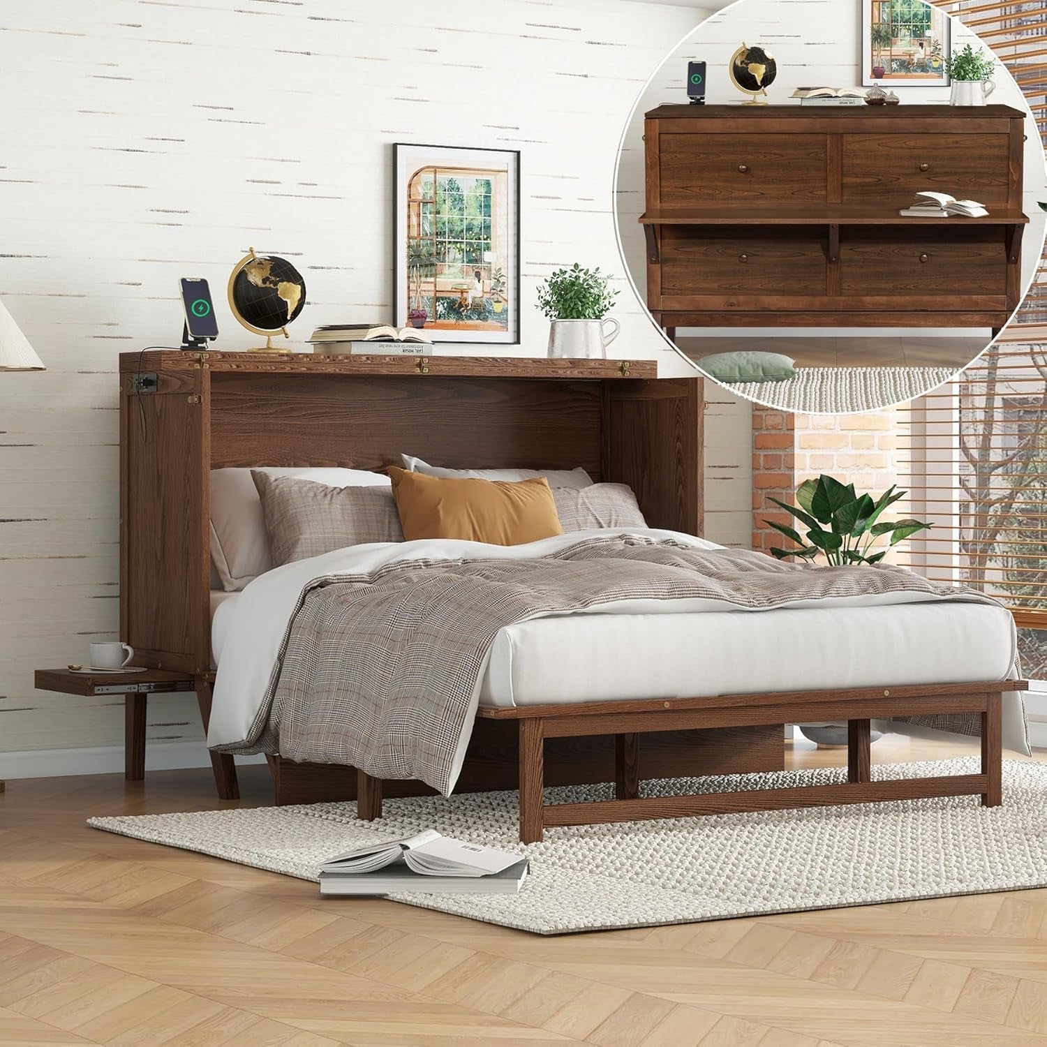 Queen Size Murphy Cabinet Bed with Desk and USB-Port-2