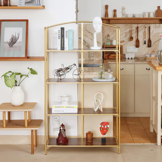 No Assembly Folding Bookshelf for Living Room, 4 Tier Gold Collapsible Book Shelf for Home Office, Portable Bookcase Storage Organizer-1