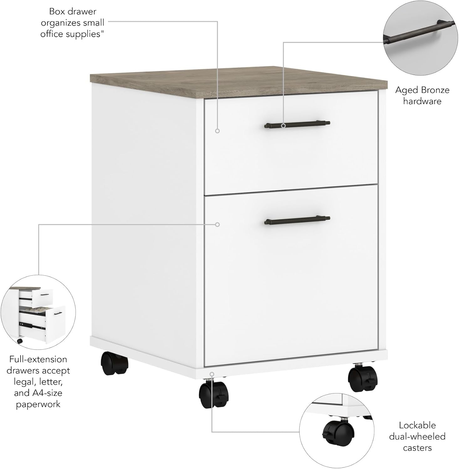 Bush KWF116G2W-03 2-Drawer Mobile File Cabinet Ltr/Lgl Shiplap Gray/Pure White 15.51-Inch-4