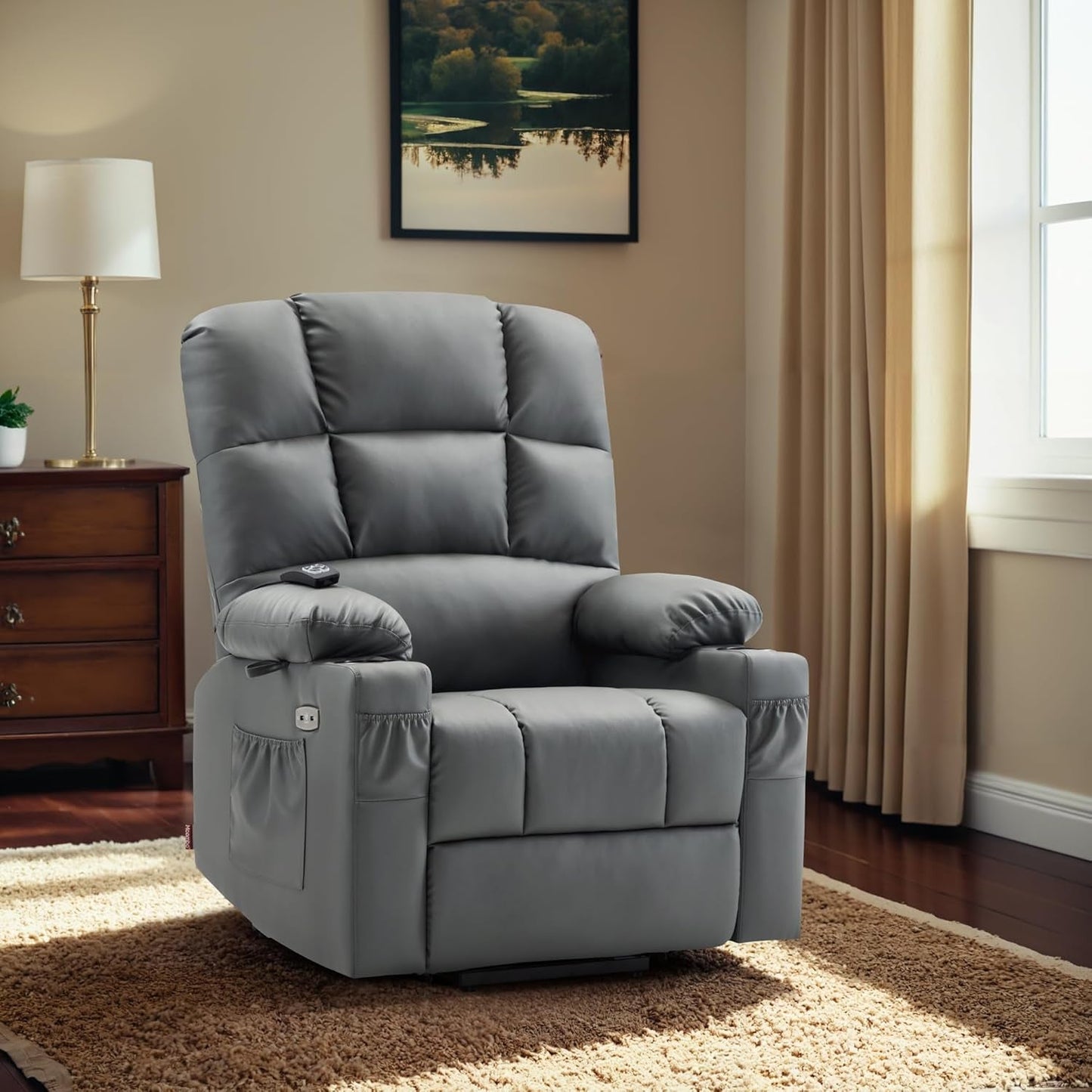 Large Lay Flat Dual Motor Power Lift Recliner Chair Sofa with Massage and Heat for Elderly People, Infinite Position, Faux Leather 7680 (Dark Grey, Large)-1