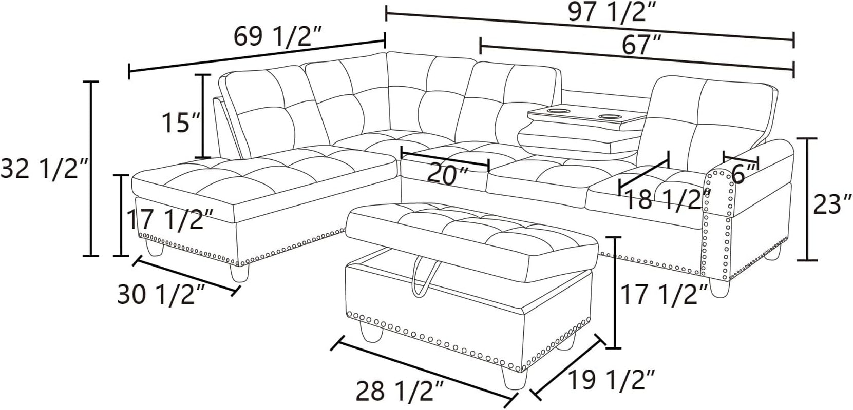 L Shaped Sectional Couches, Convertible Lounge Leather Couch with Reversible Cup Holder, Nail-Head Design Modern Modular Sectional Sofa for Living Room Furniture Sets, Black A-1