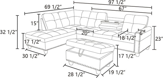 L Shaped Sectional Couches, Convertible Lounge Leather Couch with Reversible Cup Holder, Nail-Head Design Modern Modular Sectional Sofa for Living Room Furniture Sets, Black A-1