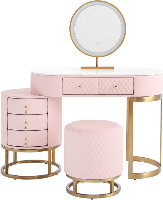 Faux Leather Makeup Vanity Desk Set with LED Lighted Mirror Luxury Dressing Makeup Table with Storage Drawers & Vanity Stool, Pink-1