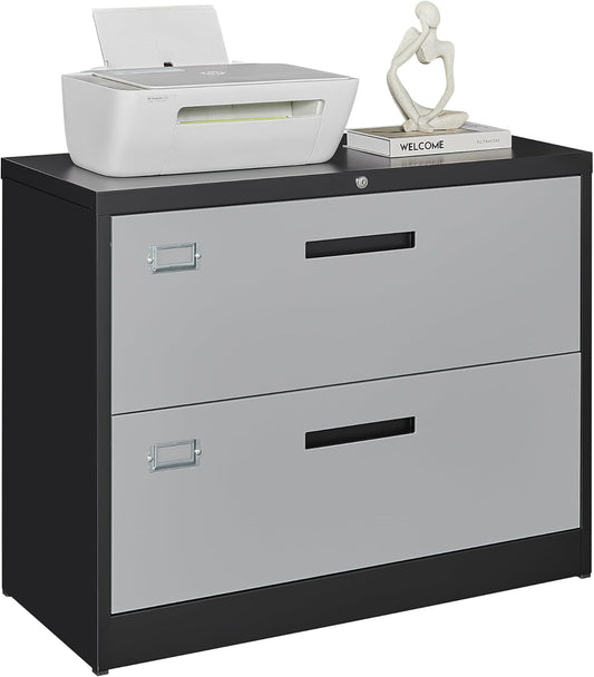 File Cabinet with Lock-Lateral 2 Drawer Metal Filing Cabinets-Organization Storage Cabinets for Home Office-Hanging Letter/Legal/F4/A4 Size (2 Drawer-Grey Black)-0