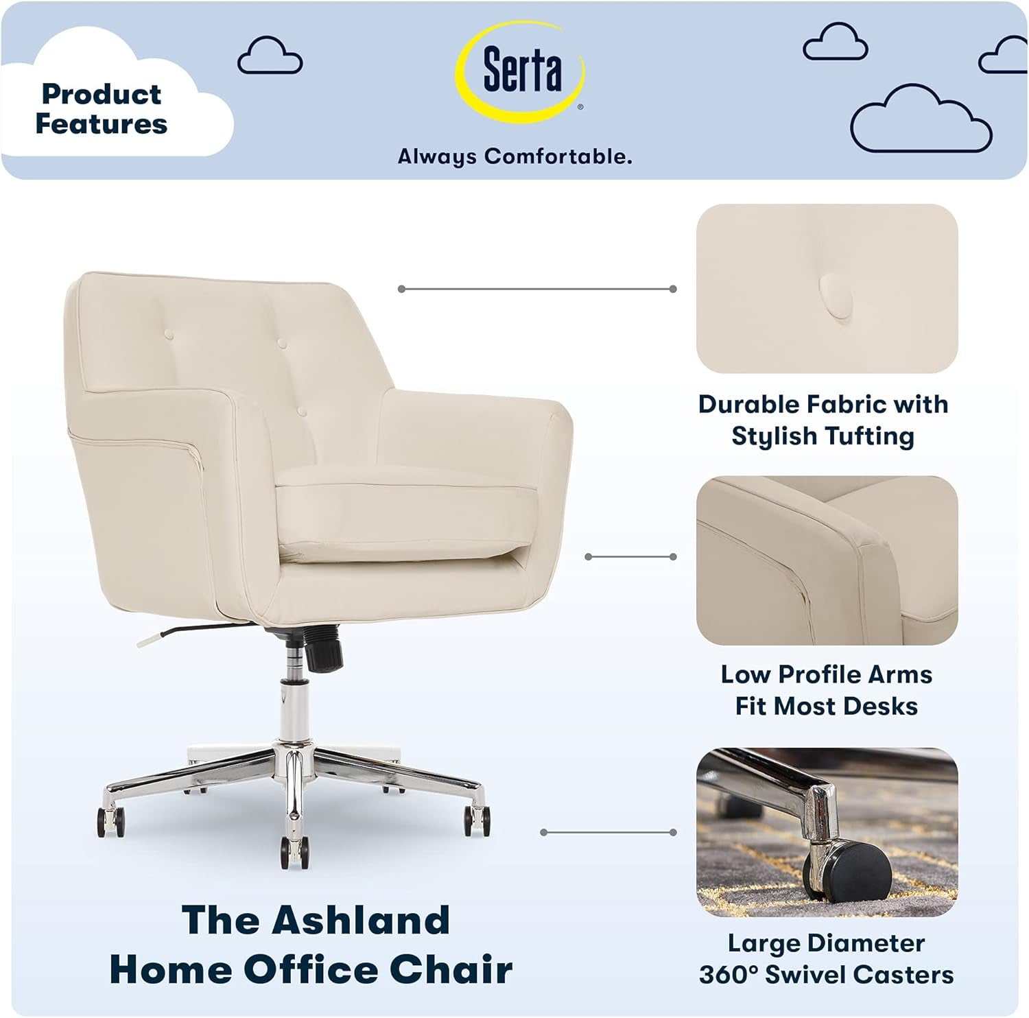 Ashland Home Office Desk Chair with Button Tufted Back, Memory Foam Cushion and Padded Arms, Mid Century Modern Vanity Armchair with Wheels for Bedroom, Chrome Metal Base, Cream-3