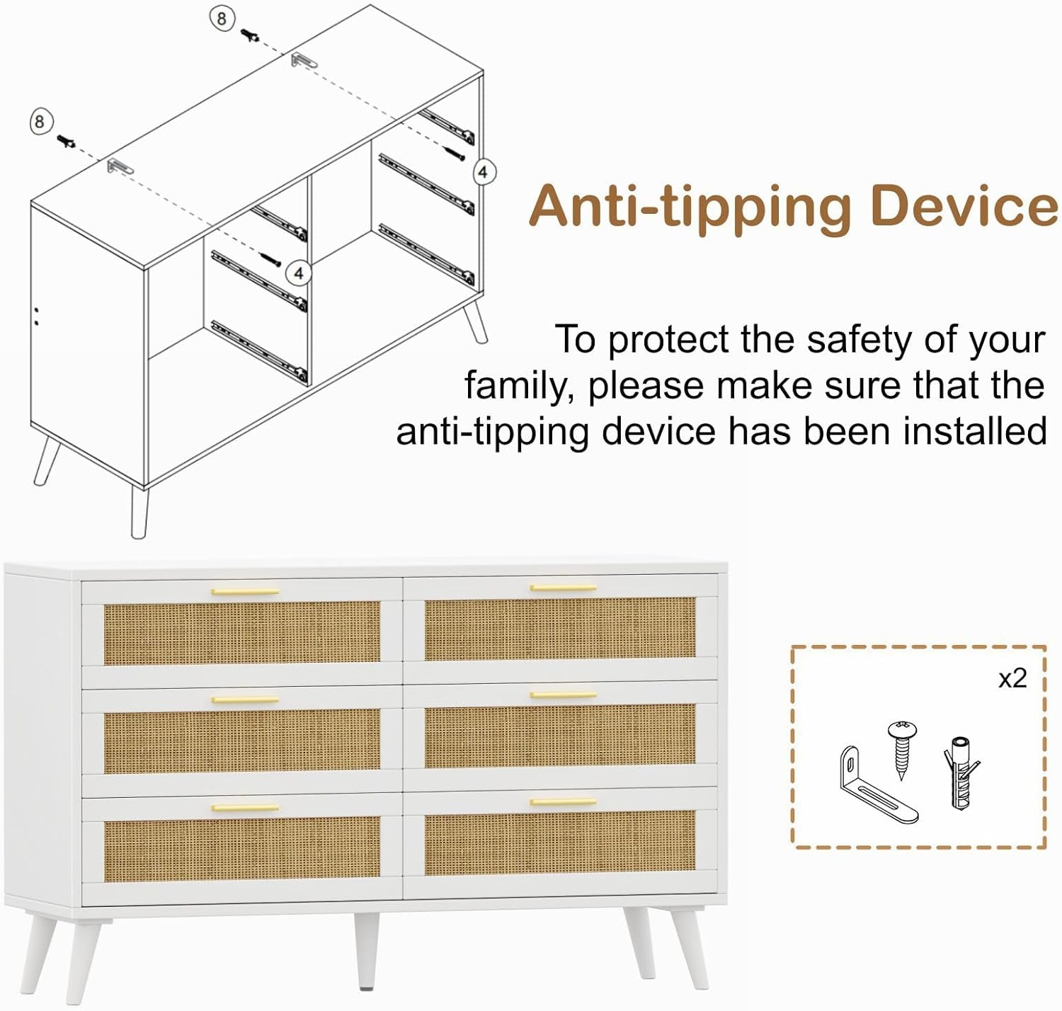 6 Drawer Double Dresser for Bedroom, Rattan Chest of Dressers, Modern Wooden Dresser Chest with Golden Handles, beside Table for Closet, Living Room and Entryway, White and Natural-1