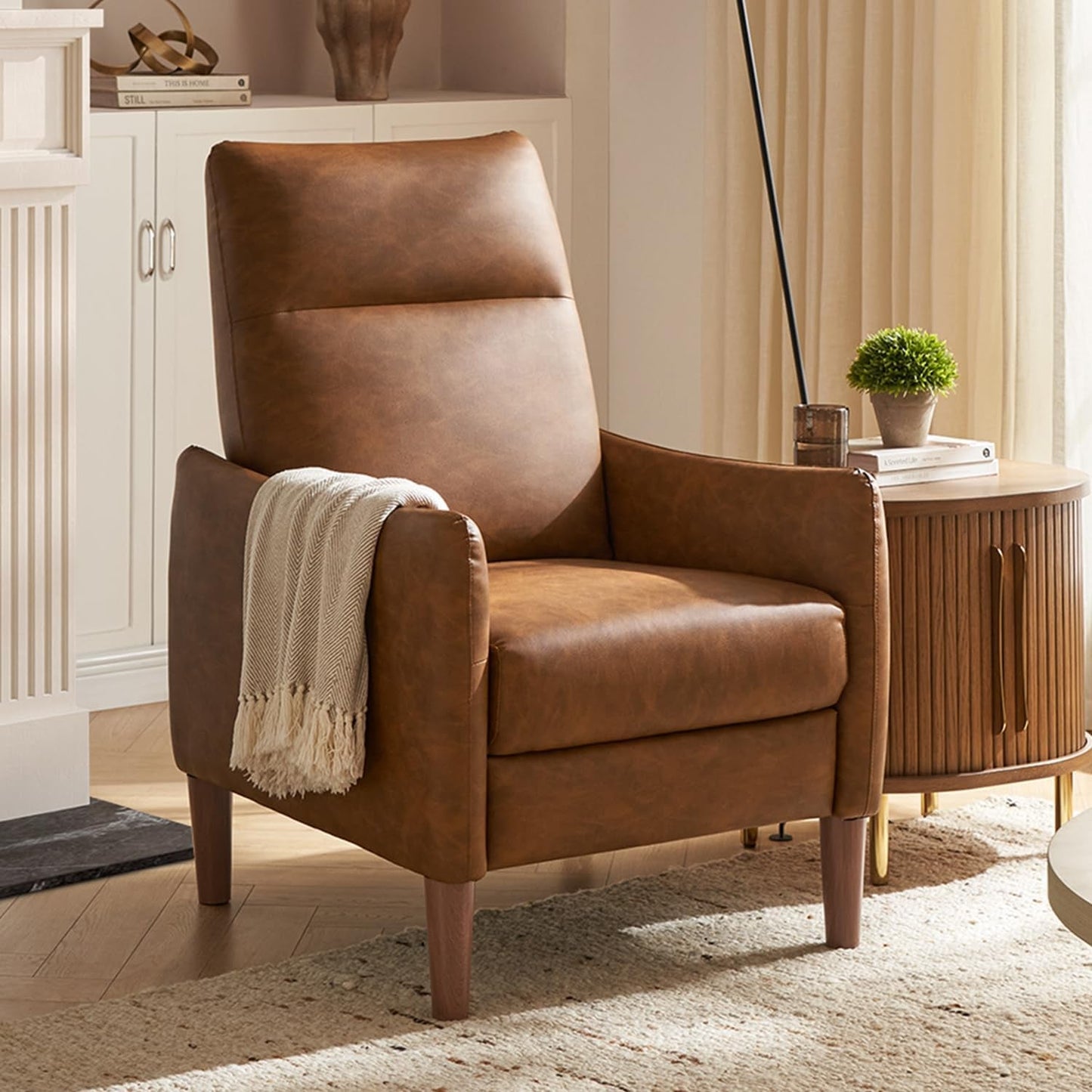 Arthur Recliner Chair with 3 Positions, Accent Chair, Mid Century Modern Reading Chair, High Back Padded Support Comfy Sleeper Armchair (Pecan Brown Faux Leather)-0