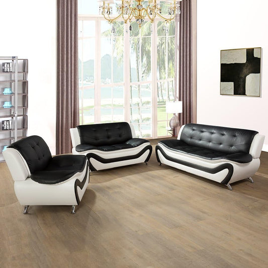 Leather Sofa Set for Living Room 3 Piece Living Room Furniture Set Modern Couch Set with 3-Seater Sofa, Loveseat and Armchair (Black&White)-0