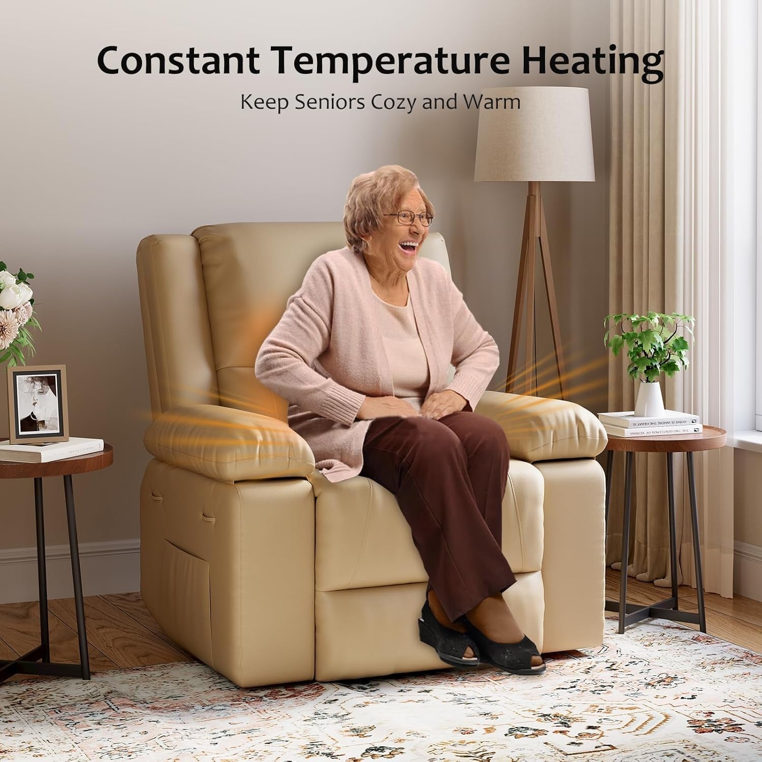 Oversized Faux Leather Power Lift Recliner W/Massage and Heat for Elderly, Recliner Chairs with Pockets for Living Room (Beige, Large)-3