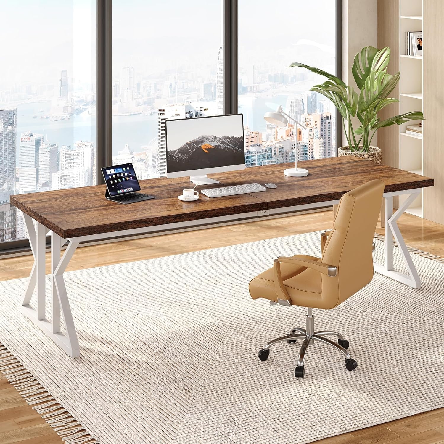 78.7 Inch Large Executive Desk, Modern Computer Office Desk, Wooden Writing Desk Study Table for Home Office, Rustic Brown-White-4