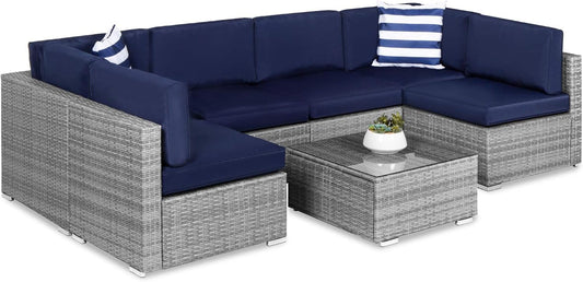 7-Piece Modular Outdoor Sectional Wicker Patio Conversation Set W/ 2 Pillows, Coffee Table, Cover Included - Gray/Navy-0