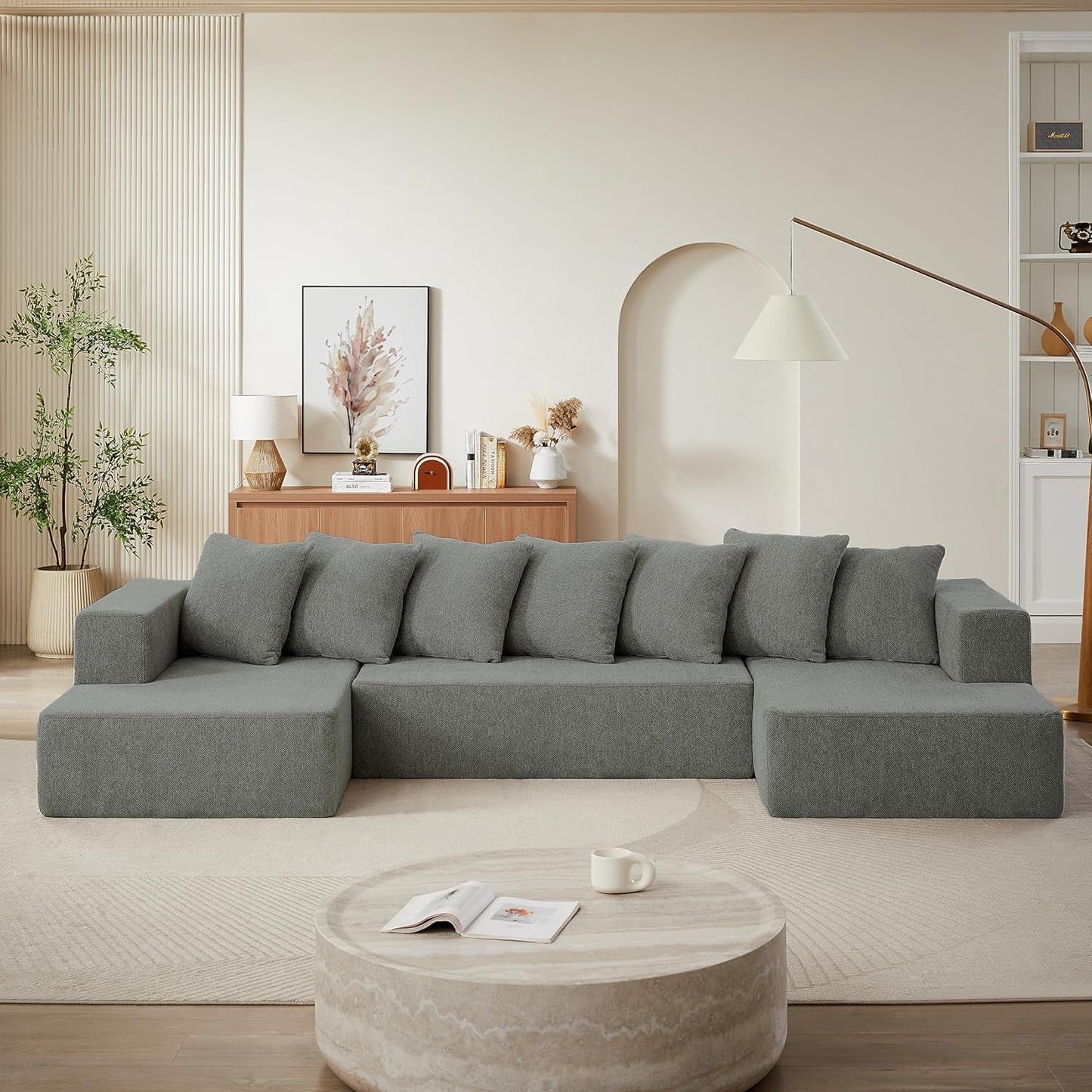 U-Shaped Modular Sectional Sofa 6-Seater, Grey Chenille-2