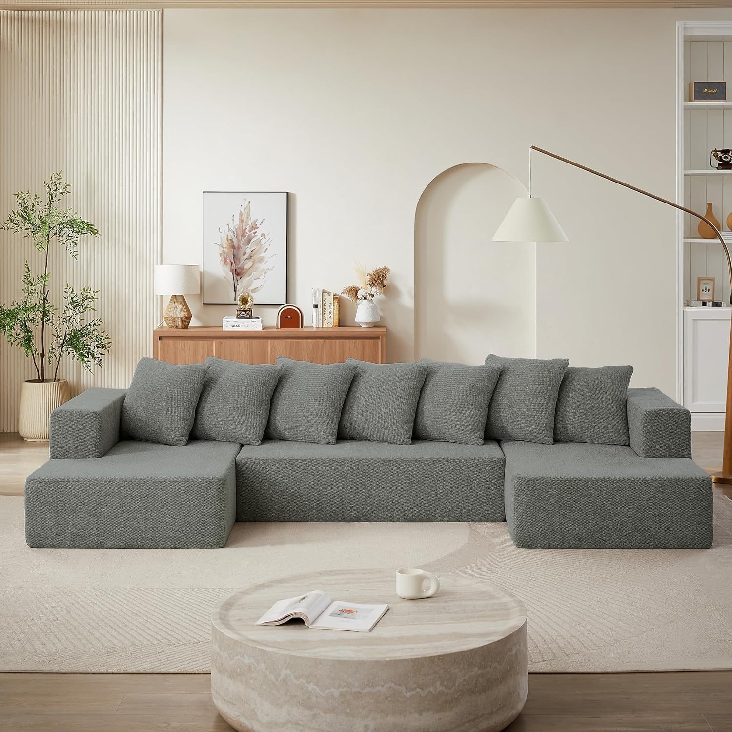 U-Shaped Modular Sectional Sofa 6-Seater, Grey Chenille-2