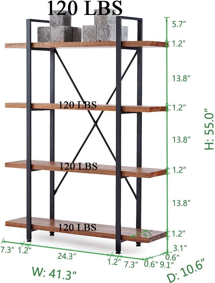 4 Tier Natural Wood Bookshelf: Rustic Industrial-2