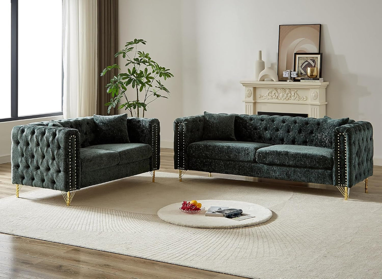 2 Pieces Chenille Living Room Furniture Sofa Couch Set,Button Tufted Comfy Couch with Nailhead Trim&Metal Legs,Mid Century Modern Couch and Loveseat Sets for Living Room(Loveseat+3 Seater Sofa,Green)-0