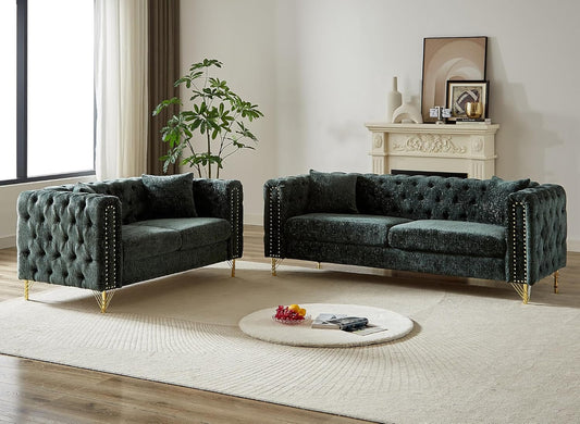 2 Pieces Chenille Living Room Furniture Sofa Couch Set,Button Tufted Comfy Couch with Nailhead Trim&Metal Legs,Mid Century Modern Couch and Loveseat Sets for Living Room(Loveseat+3 Seater Sofa,Green)-0