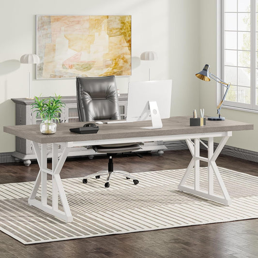 70.8-Inch Executive Desk, Large Computer Office Desk Workstation, Modern Simple Style Laptop Desk Study Writing Table Business Furniture for Home Office (Grey/White, 70.8 Inch)-0
