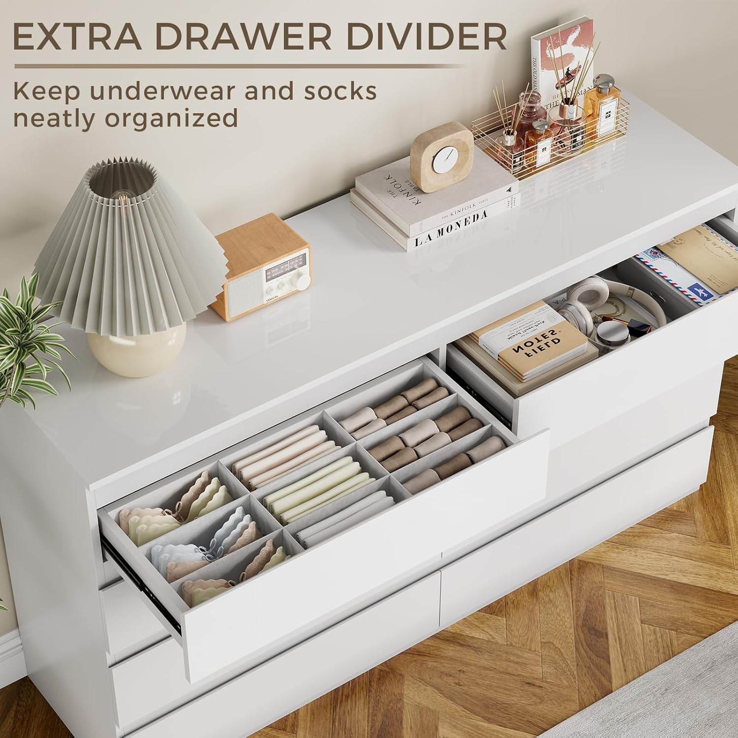 White Wood Dresser for Bedroom, 8 Drawer Dresser for Clothes Storage, Modern Dresser with Wide Drawers, Wide Wooden Chest Drawers for Living Room, Entryway, TV Stand(55" W X15.4 Dx32.3 H)-3