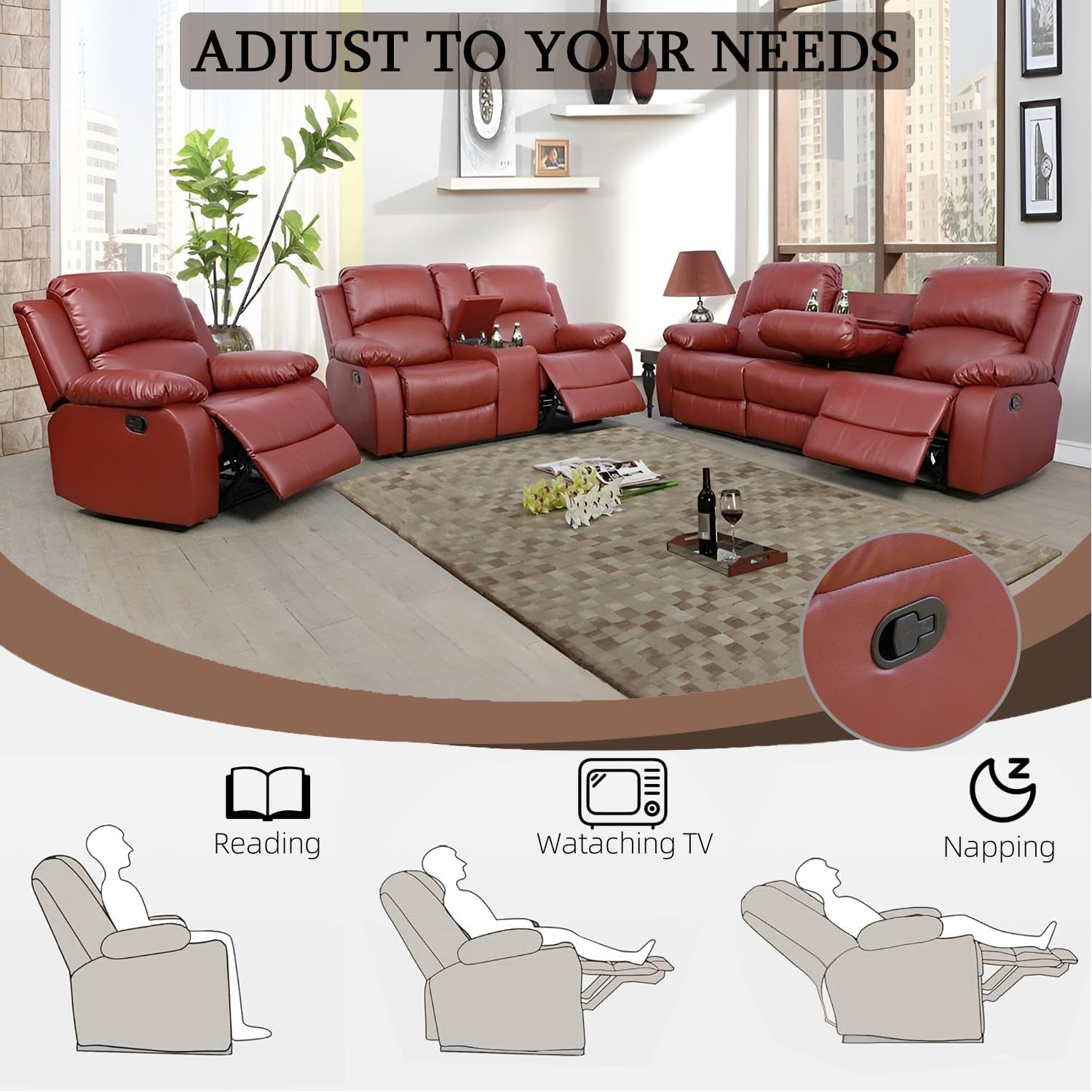 Leather Recliner Sofa Set，Leather Reclining Sofa Set for Living Room Furniture Sets，Red Recliner Couch Set for Living Room/Office/Theater Seating(Sofa Set 3 Pieces)-4