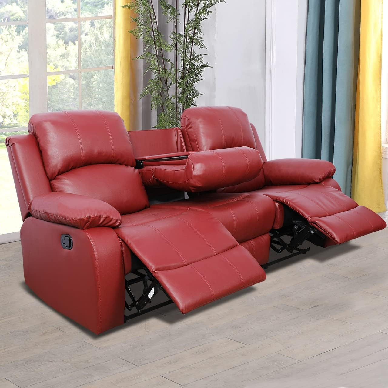 Faux Leather Recliner Sofa Set, Reclining Living Room Set, Manual Reclining Sofa and Loveseat with Recliner Chair (Red, Sofa+Loveseat)-1