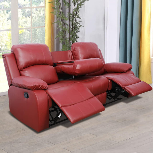 Faux Leather Recliner Sofa Set, Reclining Living Room Set, Manual Reclining Sofa and Loveseat with Recliner Chair (Red, Sofa+Loveseat)-1