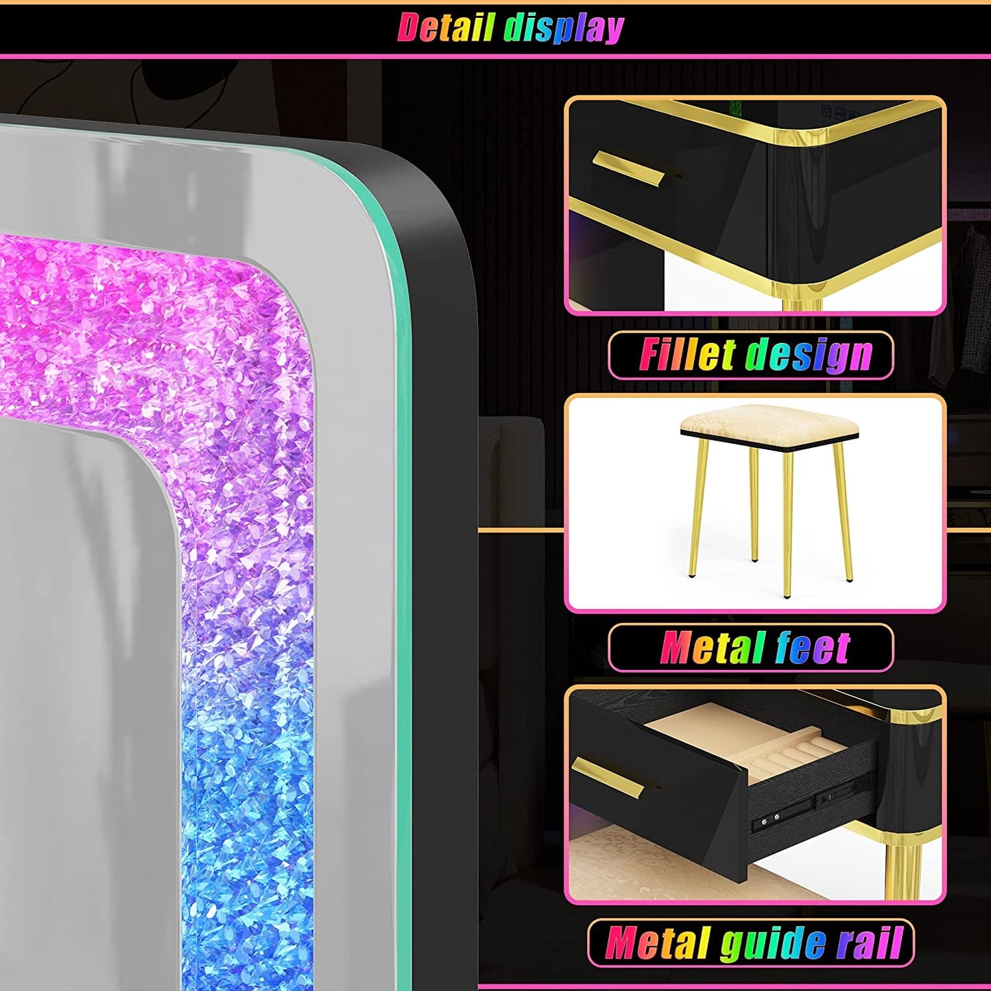 Black Makeup Vanity Set with RGB LED Lighted Mirror-4