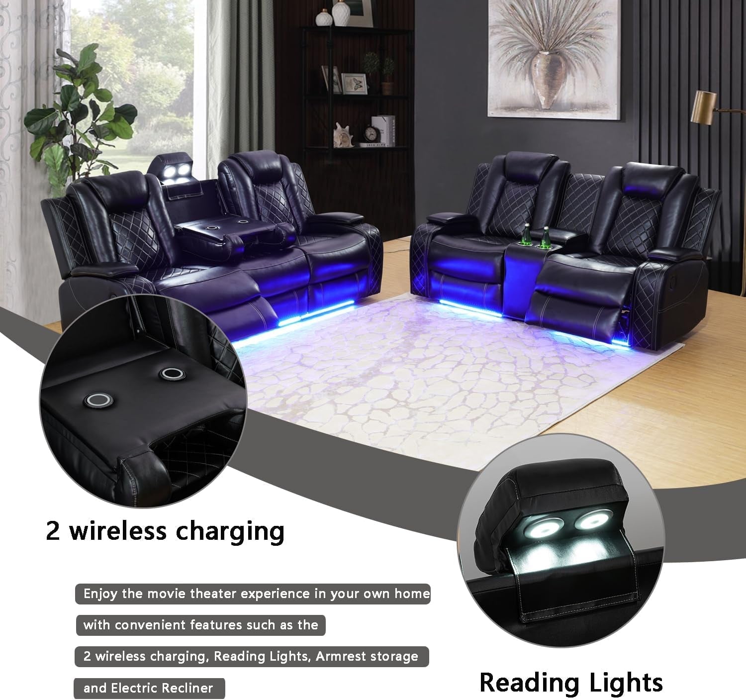 Power Leather Recliner Sofa Sets, 2 Pieces Living Room Furniture Sets with LED Lights, Grey Reclining Sofa Sets with USB Port for House/Office/Rv(C-Black, Sofa+Loveseat)-2