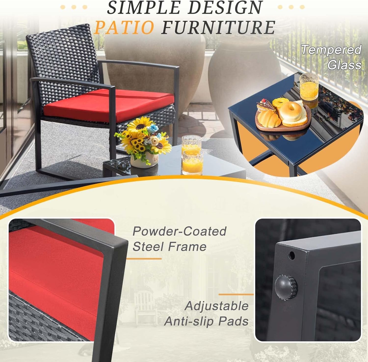 3 Pieces Wicker Patio Furniture Outdoor Modern Rattan Chair Conversation Sets with Coffee Table for Yard and Bistro (Red)-2