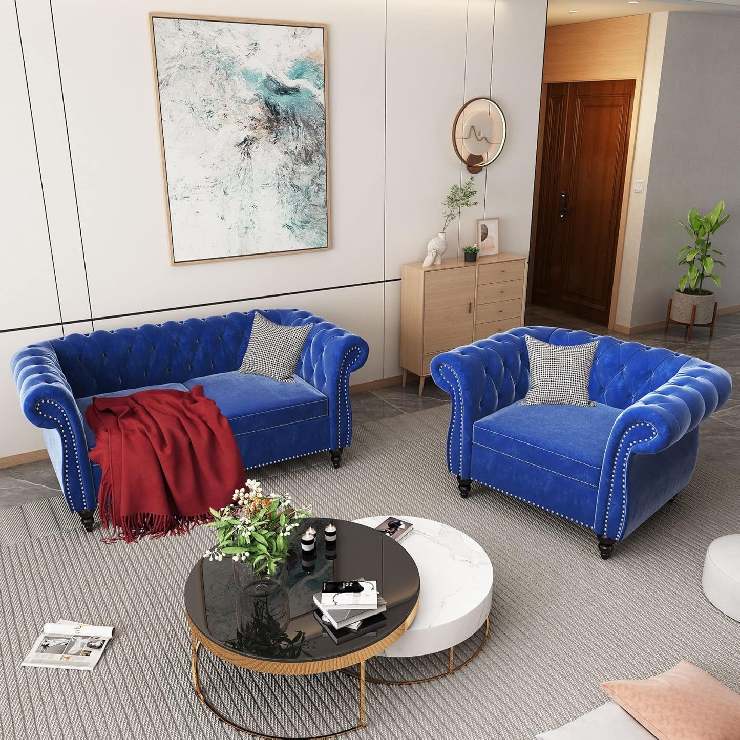 2 Piece Living Room Set, Chesterfield Velvet Sofa Loveseat Couch Chair with Scroll Arms and Nailhead for Living Room, Office (Blue, 1-2)-2