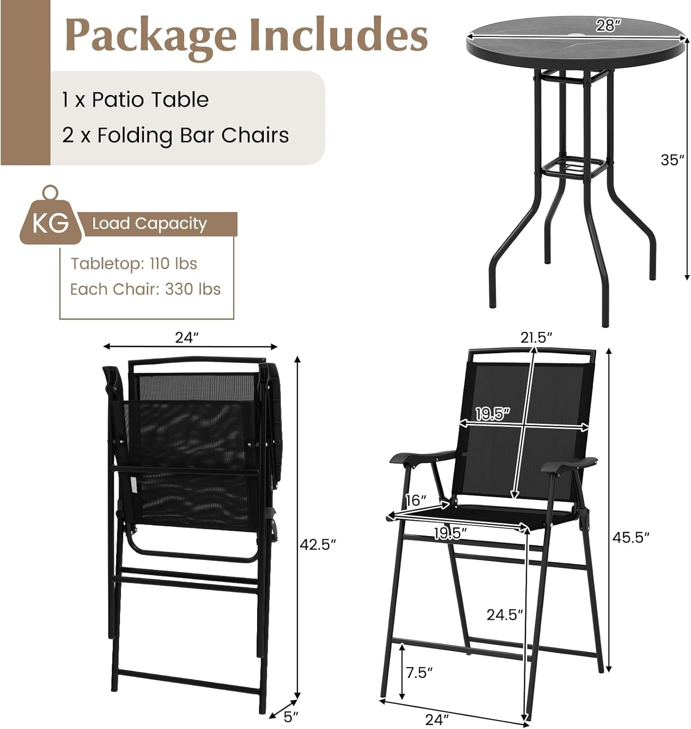 3 PCS Patio Table and Chairs Set, Bistro Furniture with DPC Tabletop, Umbrella Hole, Outdoor Bar Set with round Table and 2 Folding Counter Height Chairs for Poolside, Deck, Porch, Black-3