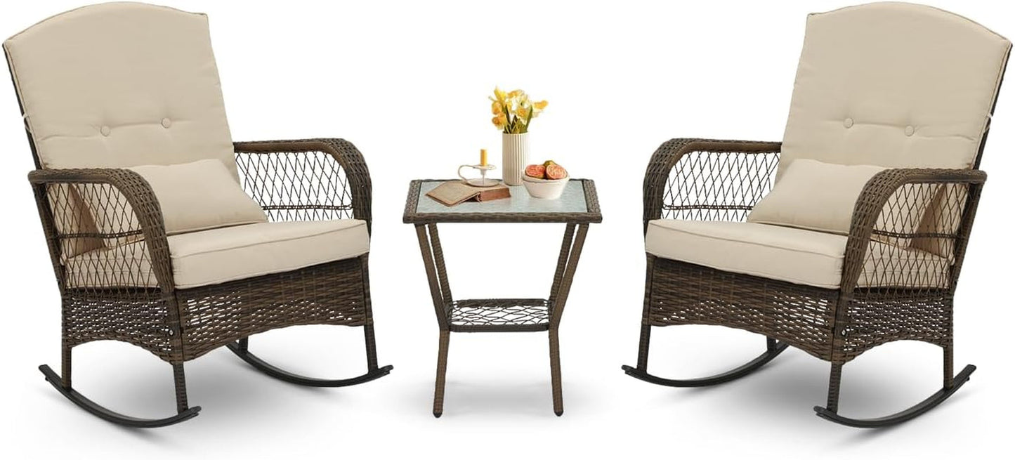 3 Piece Rocking Bistro Set Wicker Outdoor Patio Chairs Rattan Conversation Sets with Coffee Table for Patio, Porch, Backyard, Balcony, Poolside and Garden (Beige)-0